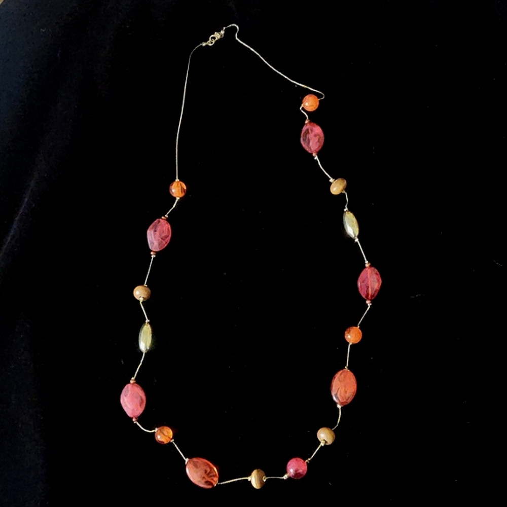 Long Gold Necklace with Brown, Gold, Pink, and Orange Beads